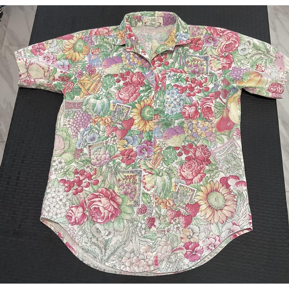 Ovis Shirt Womens Medium Multicolor Floral Garden Short Sleeve Button Up Pocket